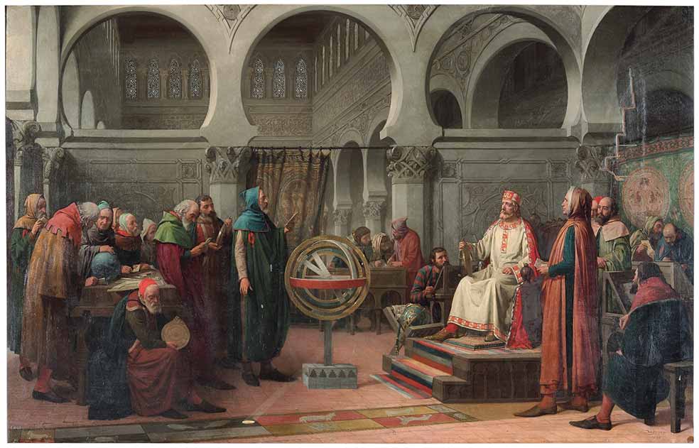 Promovió textos científicos en lenguas romances. En Don Alfonso el Sabio y los libros del saber de astronomía aparece junto a una esfera armilar.