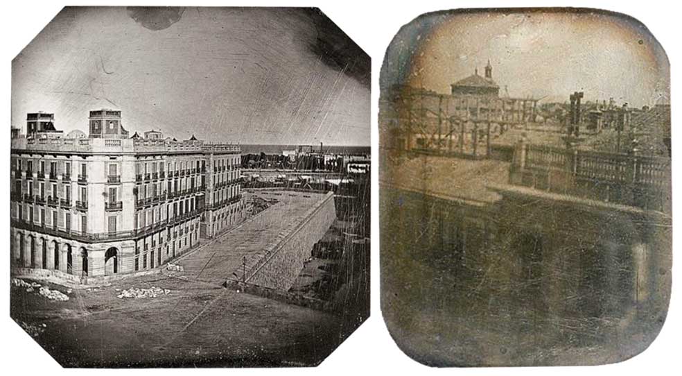 (A la derecha) El primer daguerrotipo que se hizo en España, en 1839, fue una vista de la plaza del Palau de Barcelona, pero se ha perdido. Esta foto de 1848 de la Casa Vidal Quadras es la primera que se conserva de la ciudad. (A la izquierda) Esta vista de tejados en las cercanías de la Puerta del Sol es la primera foto de Madrid, en torno a 1840-1850. Se desconoce el autor, que debía de estar probando el equipo, porque la toma es insulsa. Se subastó por 32.000 euros.