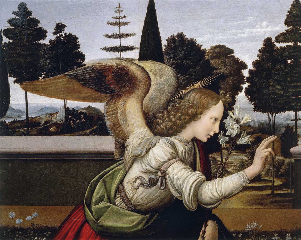 Detalle de La Anunciación, se cree que pintada en colaboración con un maestro de Leonardo. El pintor vio la naturaleza como nunca la había percibido nadie antes, como un milagro, como una acumulación de enigmas que había que resolver.