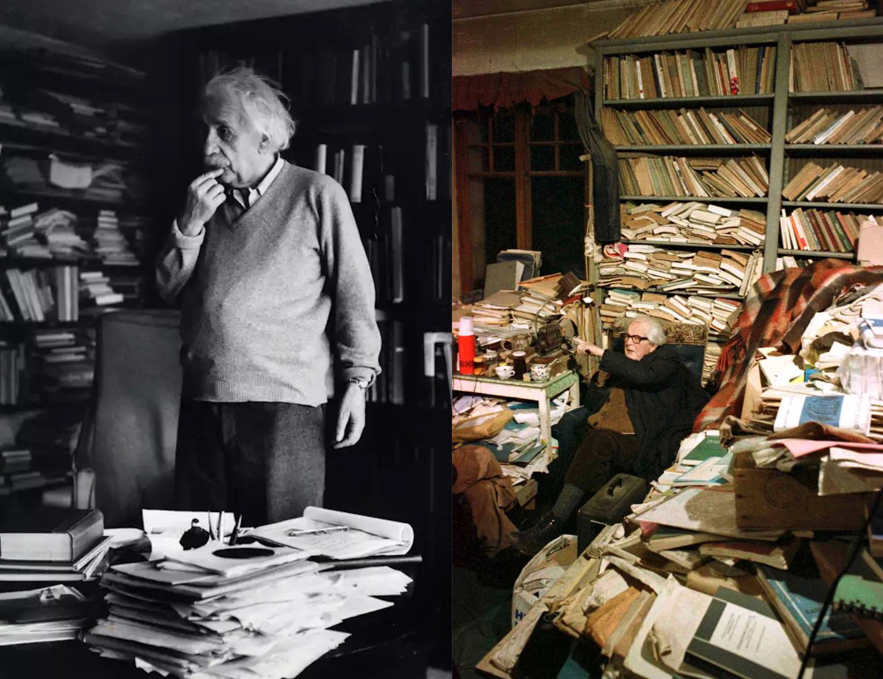 Albert Einstein se llevó la fama de genio desorganizado, por el habitual desorden en su escritorio, pero nada comparado con el caos del despacho del psicólogo suizo Jean Piaget (a la derecha).