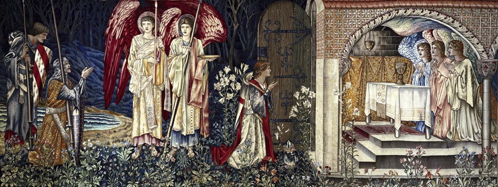Los prerrafaelitas se interesaron mucho por el mundo medieval y las leyendas artúricas, por eso les fascinó el grial. Lo plasmaron en obras como este tapiz de Edward Burne-Jones, en el que tres ángeles presentan a Perceval el santo cáliz.