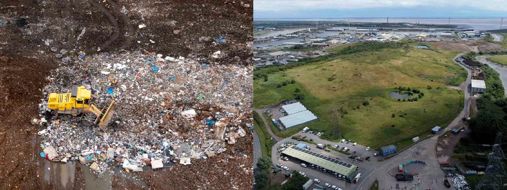 Los vertederos depositan los desechos en secciones llamadas celdas, que luego se sellan con una capa de tierra para poder cultivar vegetación en la parte superior. A la izquierda, el vertedero de Newport, un lugar completamente tapado por la vegetación que impide el impacto visual.