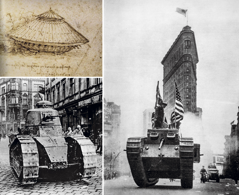 Leonardo da Vinci diseñó armas de guerra para Ludovico Sforza, duque de Milán; entre ellas, este tanque en 1487. A la derecha: un Britannia, un blindado británico, en Nueva York ante el edificio Flatiron en 1917. Abajo: las tropas francesas entran en Renania en tanques ligeros Renault FT-17 al final de la Primera Guerra Mundial. |