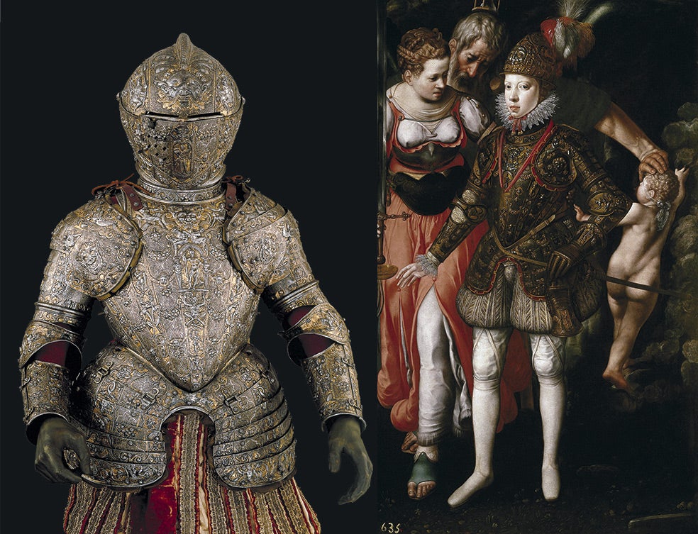 Los príncipes también tenían sus armaduras. En ésta, del milanés Lucio Marliani, encargada por Felipe II para su hijo, el futuro Felipe III (retratado a la dcha. por Justus Tiel), se aprecia el primor de su decoración y el prodigio técnico del diseño. Eran, además, mucho más ligeras de lo que se cree: permitían una movilidad sorprendente, ya que eran para galas, no para combates. Las de guerra podían pesar hasta 20 kilos.