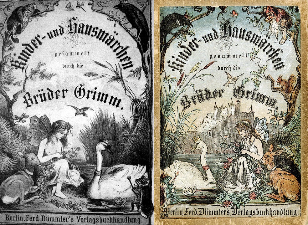 La primera edición de los cuentos de los hermanos Grimm contenía escenas truculentas y otras de contenido sexual explícito que se fueron eliminando según estos relatos se hacían populares entre los más pequeños, pero es que originariamente no era el público al que iban dirigidos. Estas dos portadas, de 1812 y 1865, evolucionan en el mismo sentido.