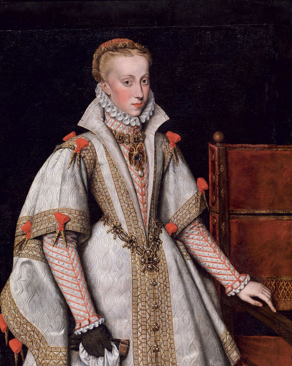 Felipe II fue el primer rey de España dueño de la Peregrina (de 58 quilates y medio, según documentos de la época). En este retrato la luce Ana de Austria, su sobrina, que también fue su cuarta y última esposa y la madre de Felipe III.