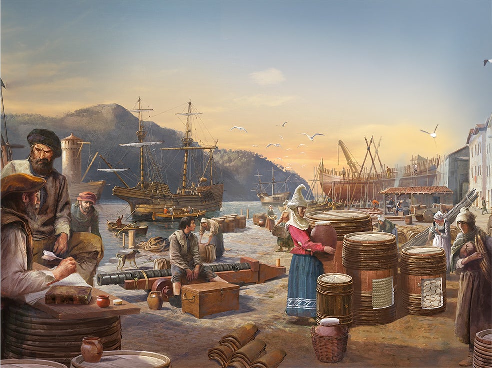 El puerto de Pasajes (arriba) fue astillero y la gran base de abastecimiento de la flota ballenera y bacaladera guipuzcoana en el siglo XVI. En Vizcaya destacó Bermeo, uno de los pueblos vascos en cuyo escudo –también en los de Hondarribia, Mutriku, Getaria, Lekeitio y Ondarroa– aparecen cetáceos.