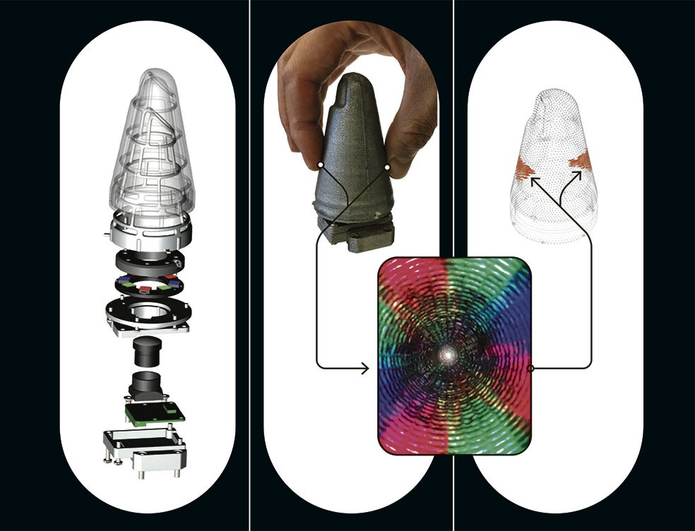 Este sensor con forma de pulgar se llama Minsight, lleva una cámara en su interior y está entrenado para inferir información de contacto háptica; es decir, interpretar el tacto. El sensor, mediante una red neuronal, estima la posición del contacto, la intensidad de la fuerza y la dirección de la fuerza en las áreas de contacto.