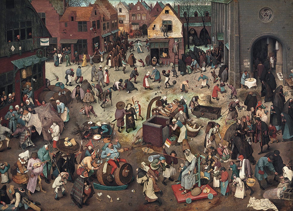 En El combate entre Don Carnal y Doña Cuaresma hay dos posturas enfrentadas: se oponen el hombre y la mujer; la gordura y la delgadez; la carne y el pescado; lo profano y lo clerical; lo luterano (hay quien dice que el rostro de Lutero es el de Don Carnal) y lo católico. Bruegel no toma partido: todos se comportan con insensatez.