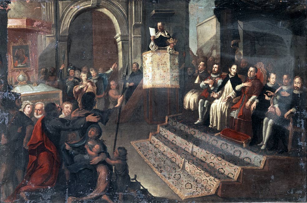 El cuadro narra el momento de la proclamación pública, en Caspe, del candidato Fernando I por Vicente Ferrer.