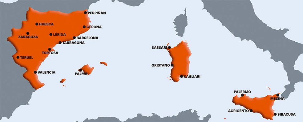 En 1410, el rey de Aragón era soberano en Cataluña, Valencia, Mallorca (Baleares más Rosellón y Cerdaña), Córcega y Sicilia, en tierras que hoy son de España, Francia e Italia.