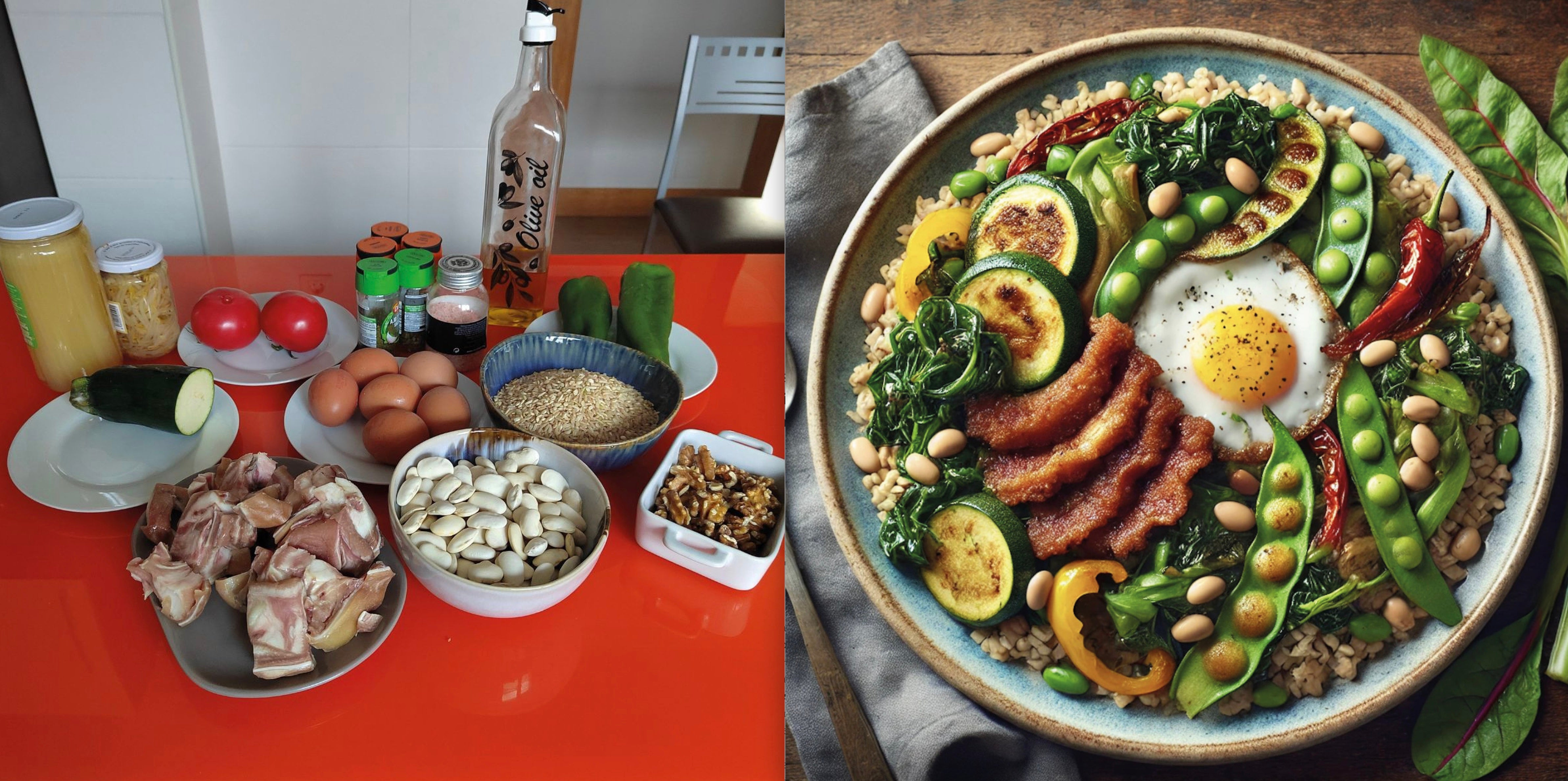 La imagen corresponde a un experimento real: el físico Eneko Axpe le pidió a su madre que le mandara una foto con los ingredientes que tenía en su nevera. La IA los identificó (con algún error inicial) y sugirió «una receta saludable llamada 'Salteado de oreja de cerdo con arroz integral y verduras salteadas'». La desarrolló con instrucciones precisas para ser cocinada en casa y añadió esta recreación del resultado final ya emplatado.